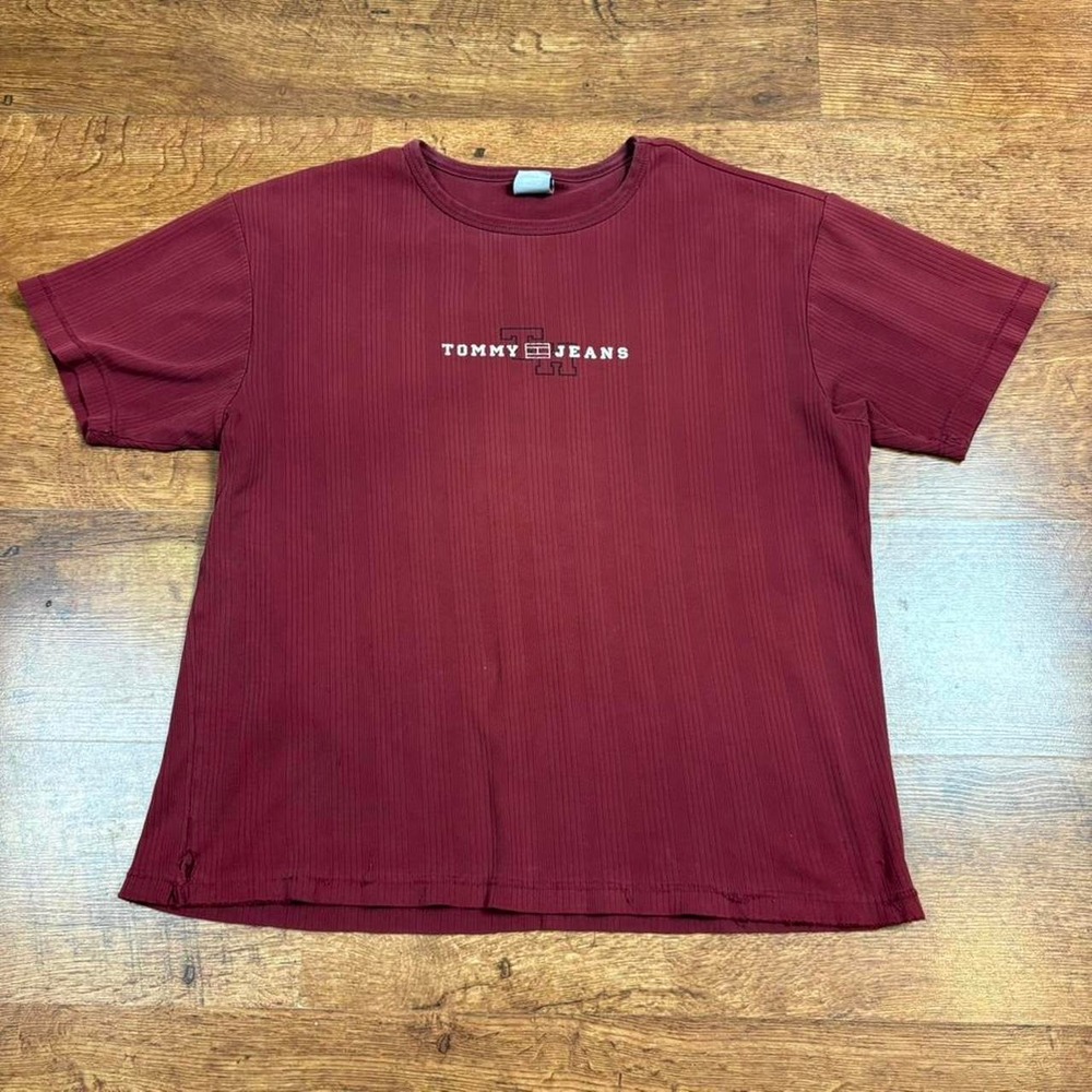 Tommy Jeans Ribbed T-Shirt Mens XL Burgundy Faded Logo Tee Y2K Distressed